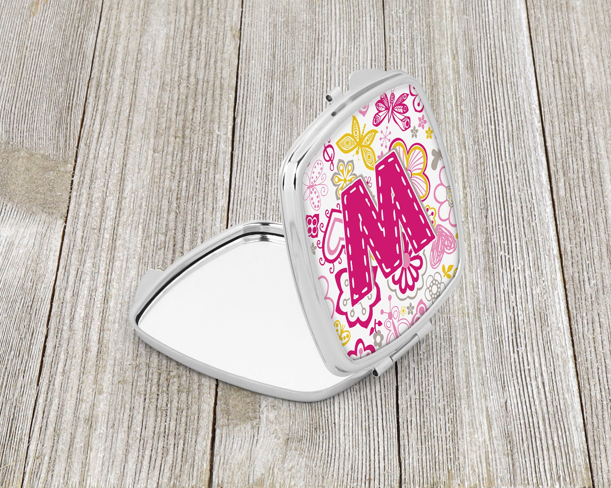 Letter W Flowers and Butterflies Pink Compact Mirror CJ2005-WSCM