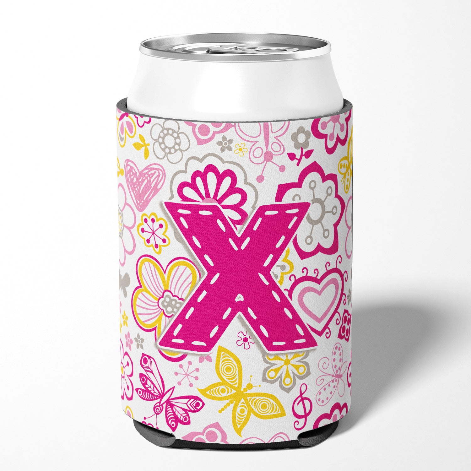Letter X Flowers and Butterflies Pink Can or Bottle Hugger CJ2005-XCC.