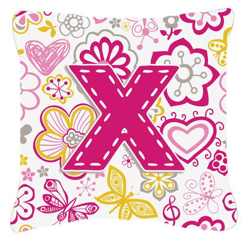 Letter X Flowers and Butterflies Pink Canvas Fabric Decorative Pillow by Caroline's Treasures