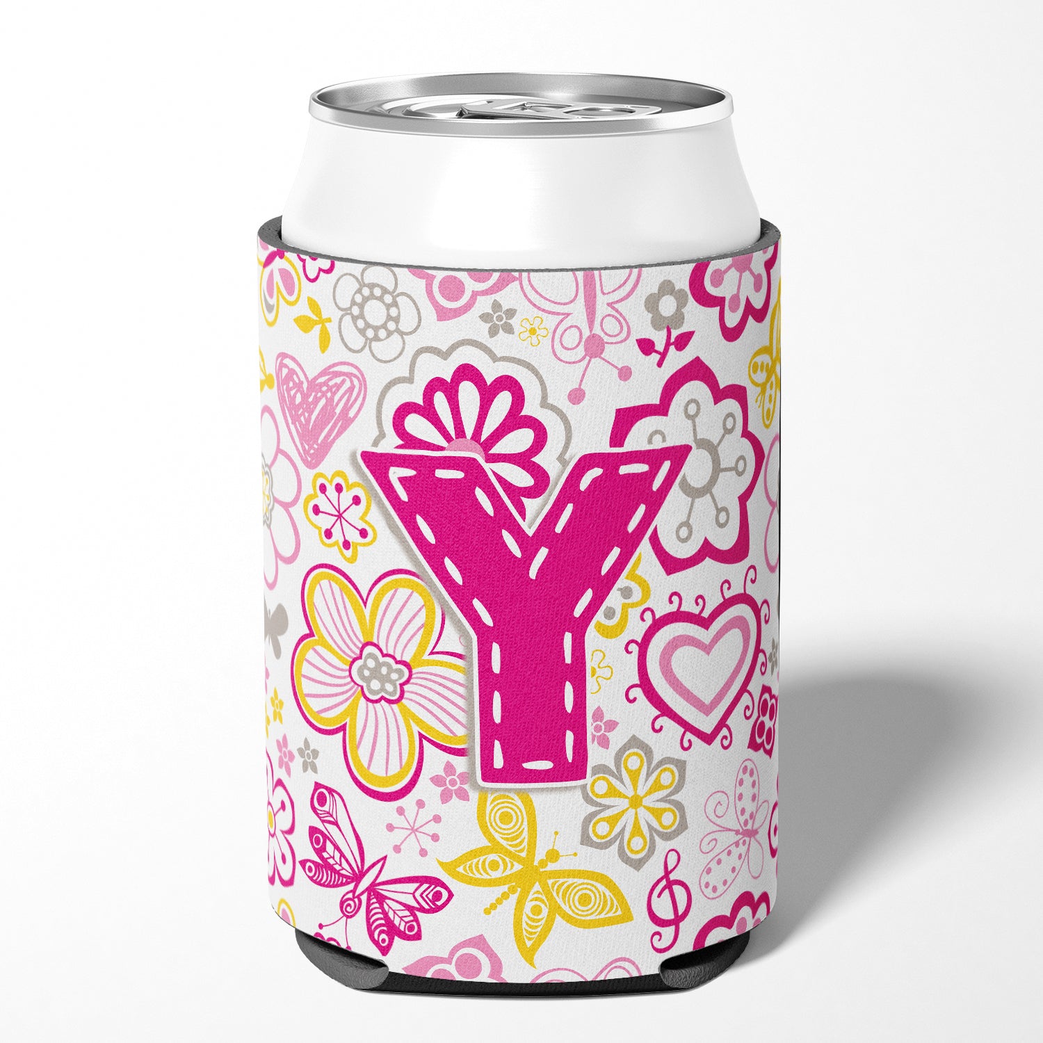 Letter Y Flowers and Butterflies Pink Can or Bottle Hugger CJ2005-YCC.