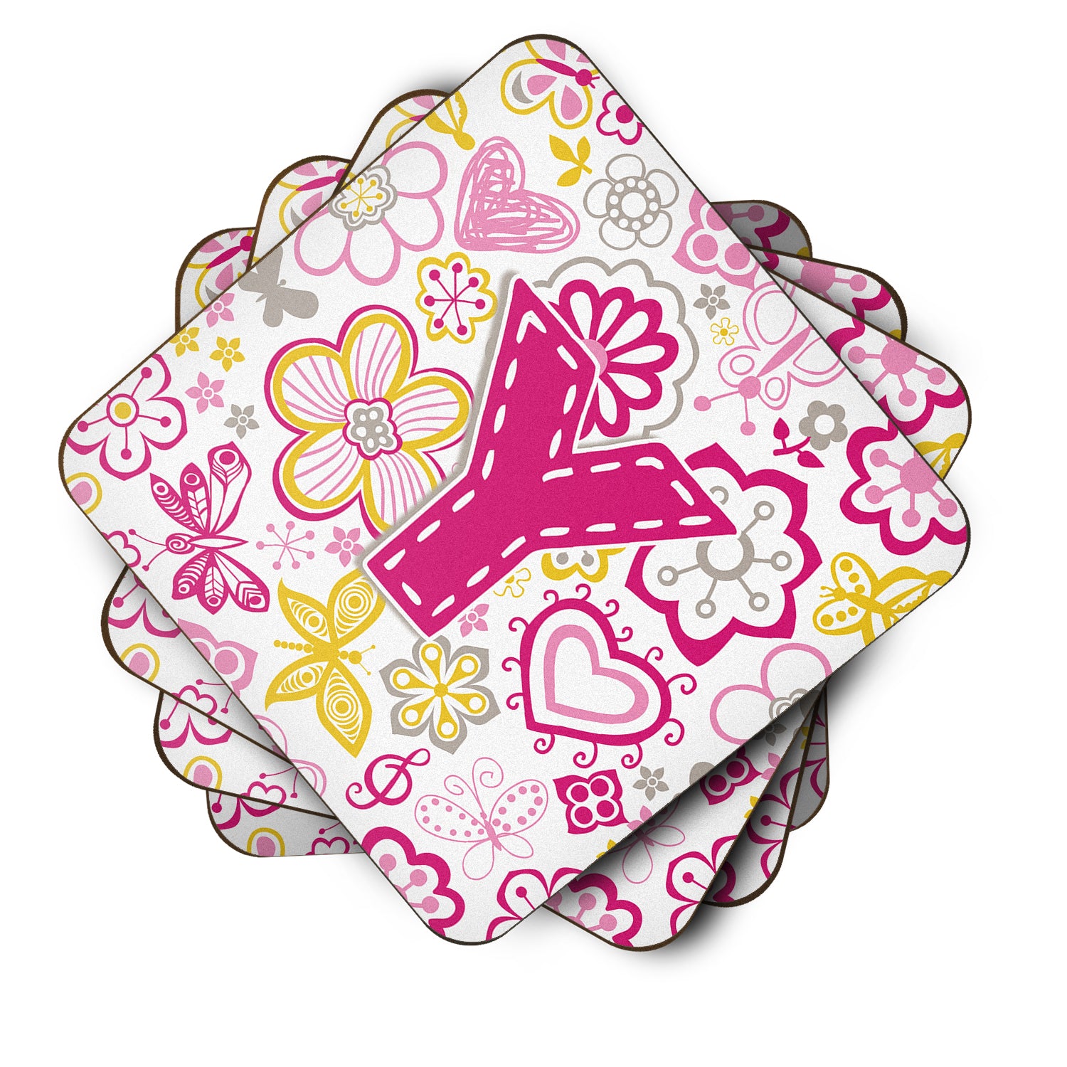 Set of 4 Letter Y Flowers and Butterflies Pink Foam Coasters CJ2005-YFC - the-store.com