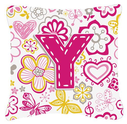 Letter Y Flowers and Butterflies Pink Canvas Fabric Decorative Pillow by Caroline&#39;s Treasures