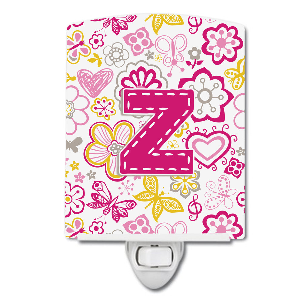 Letter Z Flowers and Butterflies Pink Ceramic Night Light CJ2005-ZCNL - the-store.com