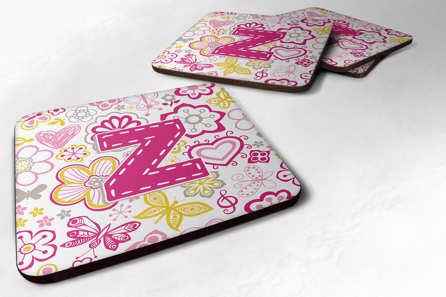 Set of 4 Letter Z Flowers and Butterflies Pink Foam Coasters CJ2005-ZFC - the-store.com