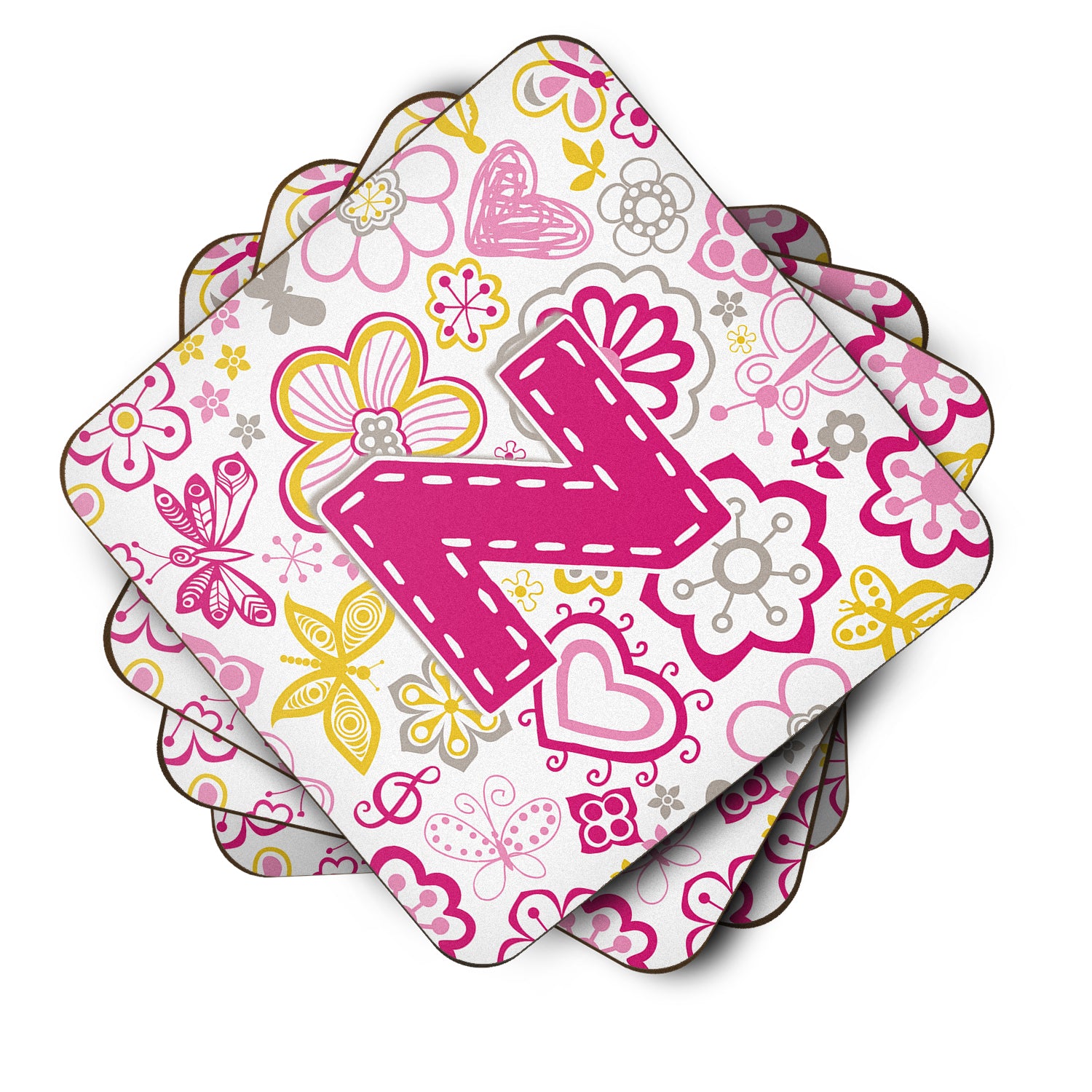 Set of 4 Letter Z Flowers and Butterflies Pink Foam Coasters CJ2005-ZFC - the-store.com