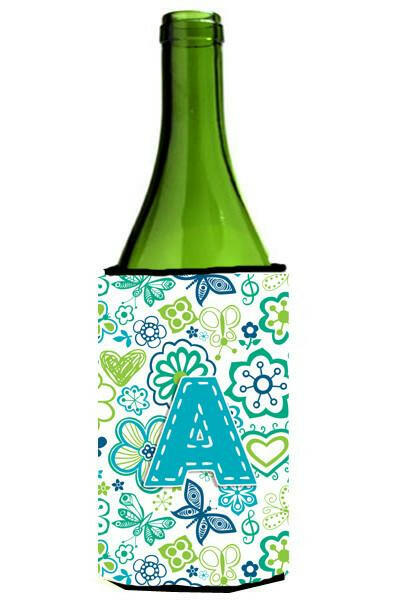 Letter A Flowers and Butterflies Teal Blue Wine Bottle Beverage Insulator Hugger CJ2006-ALITERK by Caroline's Treasures