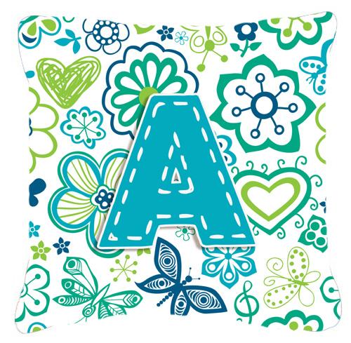 Letter A Flowers and Butterflies Teal Blue Canvas Fabric Decorative Pillow by Caroline&#39;s Treasures
