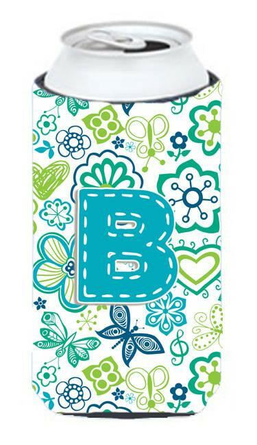 Letter B Flowers and Butterflies Teal Blue Tall Boy Beverage Insulator Hugger CJ2006-BTBC by Caroline's Treasures