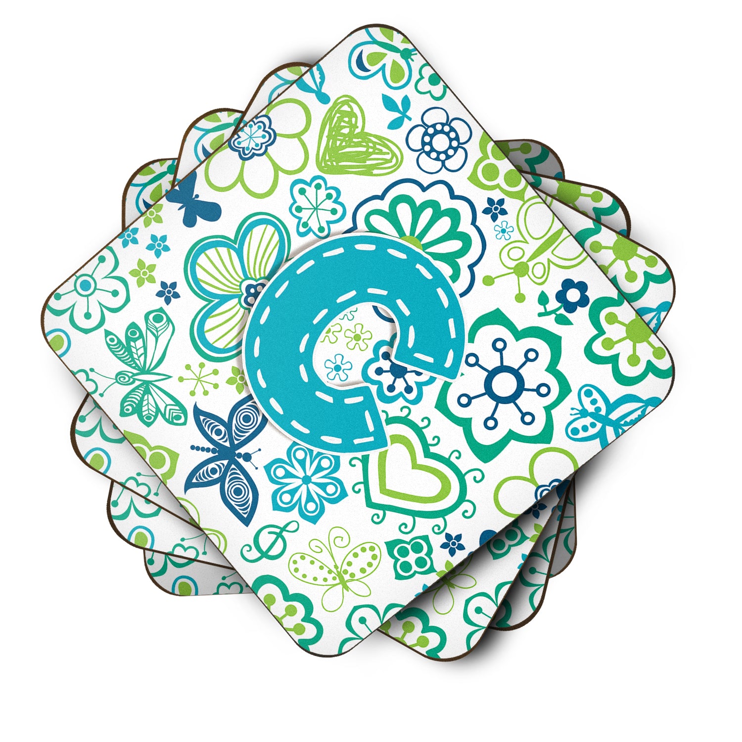 Set of 4 Letter C Flowers and Butterflies Teal Blue Foam Coasters CJ2006-CFC - the-store.com