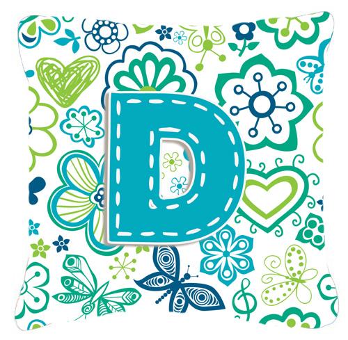 Letter D Flowers and Butterflies Teal Blue Canvas Fabric Decorative Pillow by Caroline&#39;s Treasures