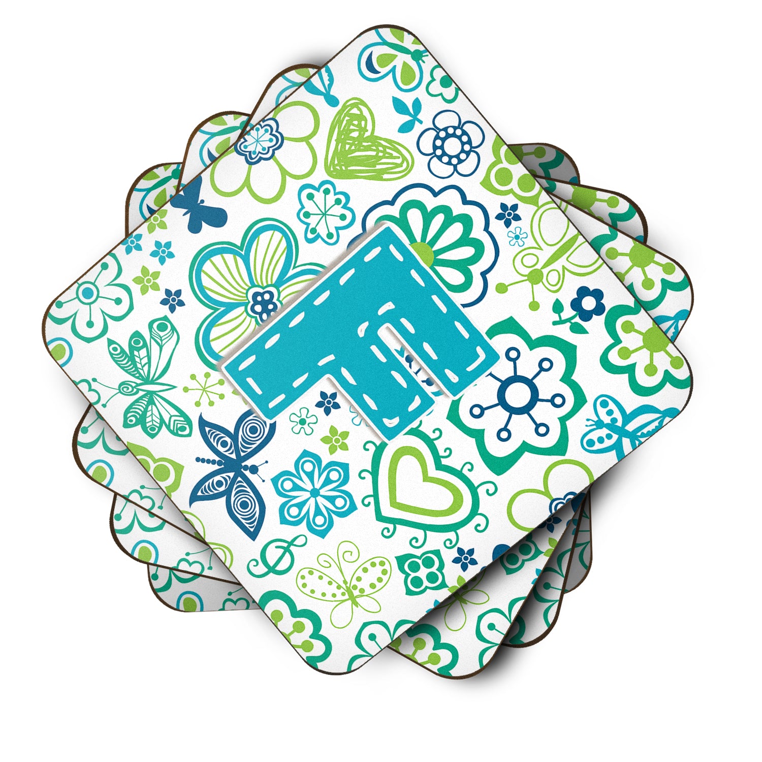 Set of 4 Letter F Flowers and Butterflies Teal Blue Foam Coasters CJ2006-FFC - the-store.com