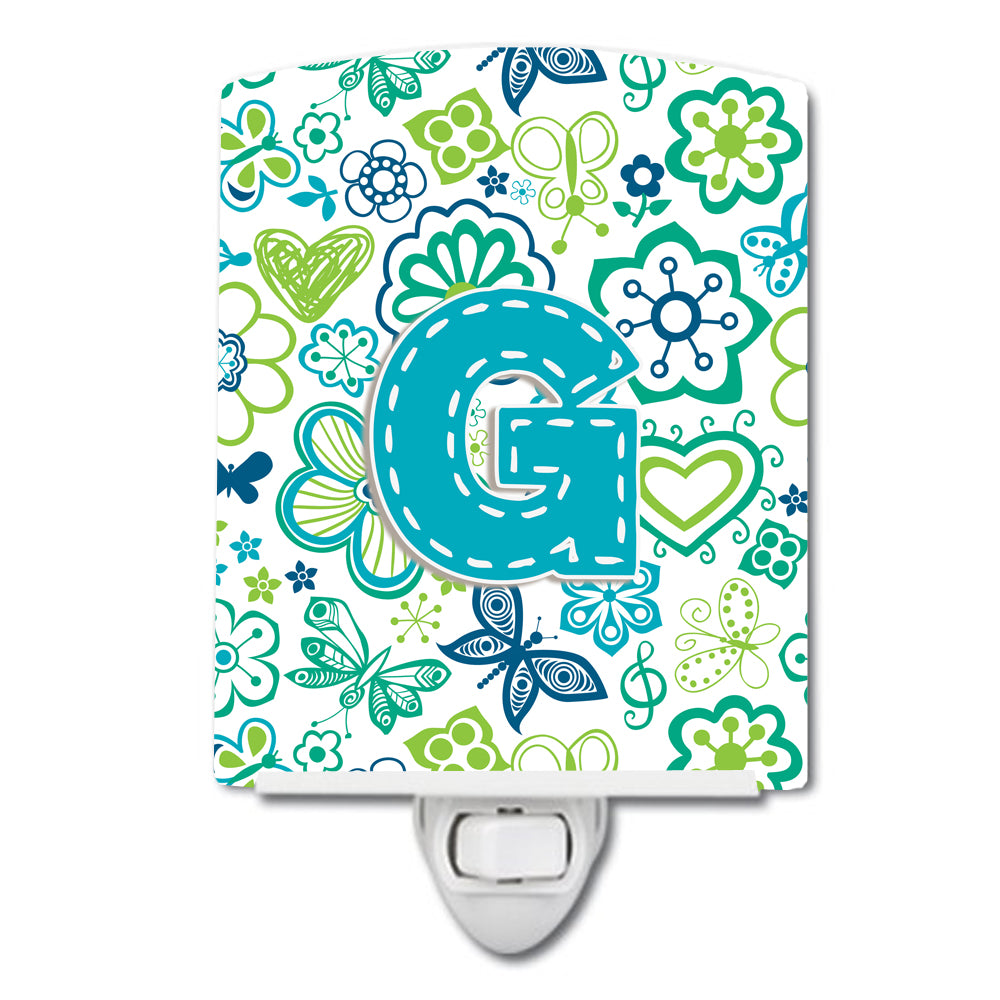 Letter G Flowers and Butterflies Teal Blue Ceramic Night Light CJ2006-GCNL - the-store.com