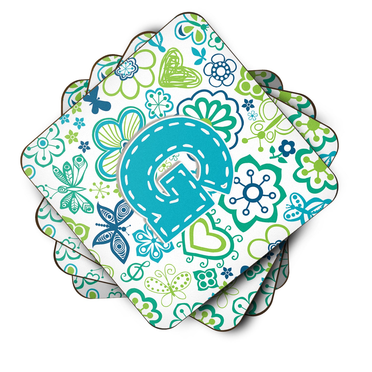Set of 4 Letter G Flowers and Butterflies Teal Blue Foam Coasters CJ2006-GFC - the-store.com