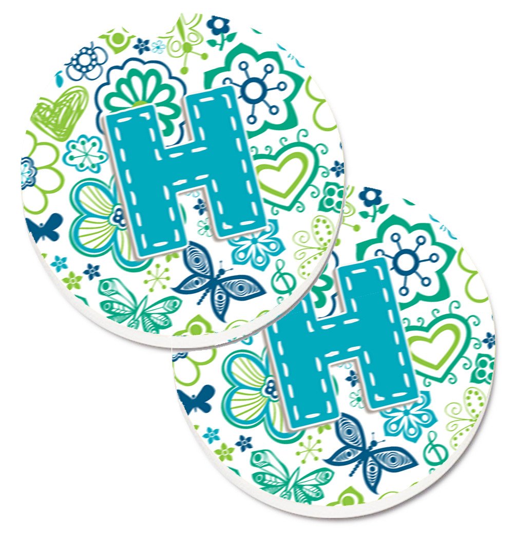 Letter H Flowers and Butterflies Teal Blue Set of 2 Cup Holder Car Coasters CJ2006-HCARC by Caroline's Treasures