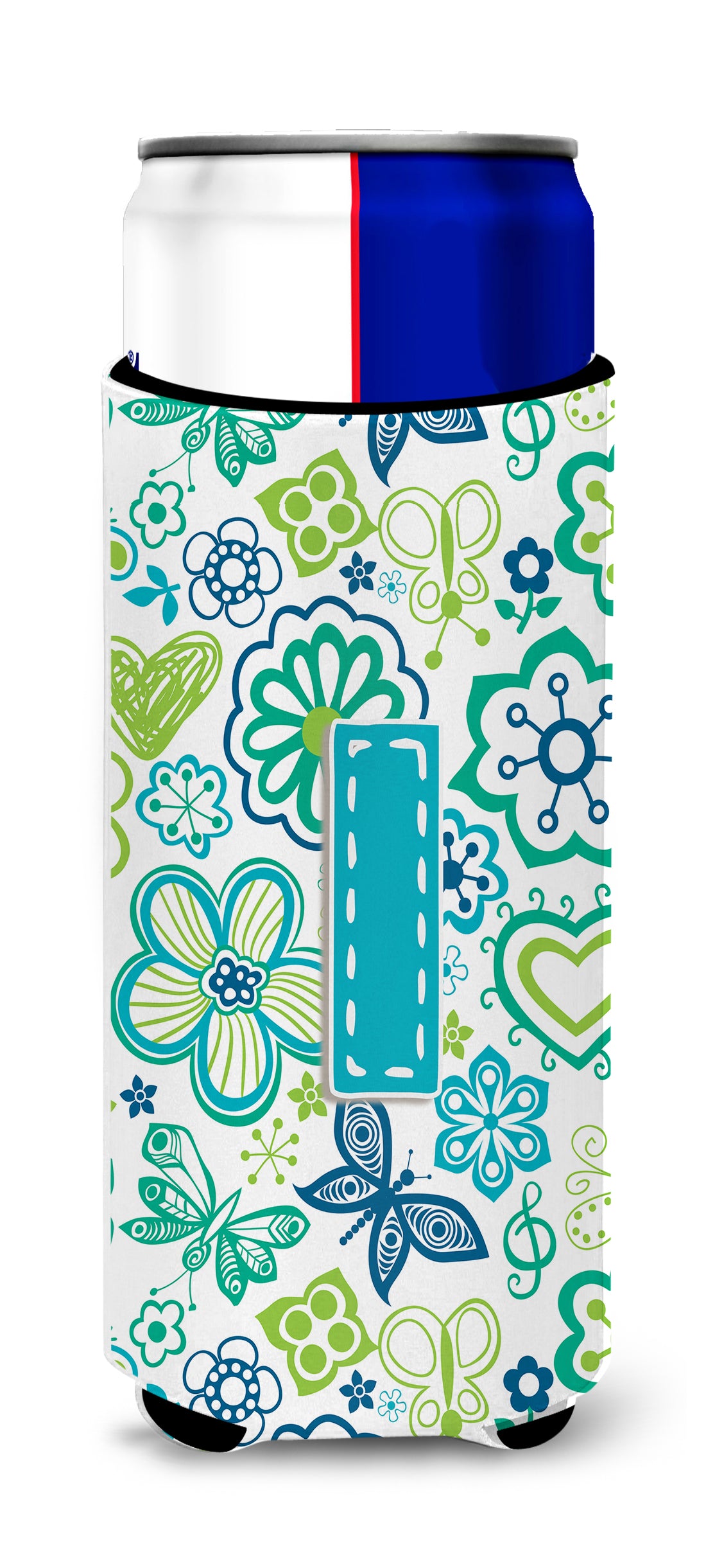Letter I Flowers and Butterflies Teal Blue Ultra Beverage Insulators for slim cans CJ2006-IMUK.