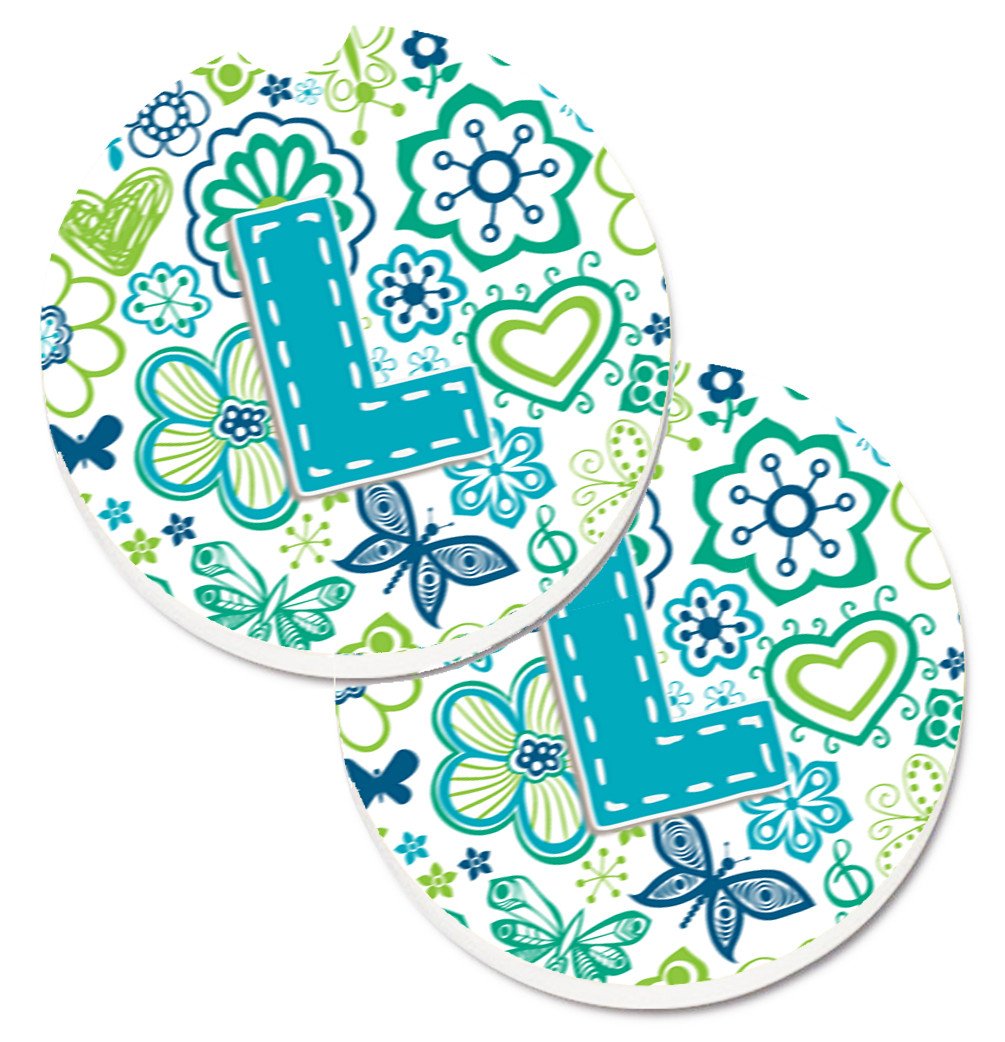 Letter L Flowers and Butterflies Teal Blue Set of 2 Cup Holder Car Coasters CJ2006-LCARC by Caroline's Treasures