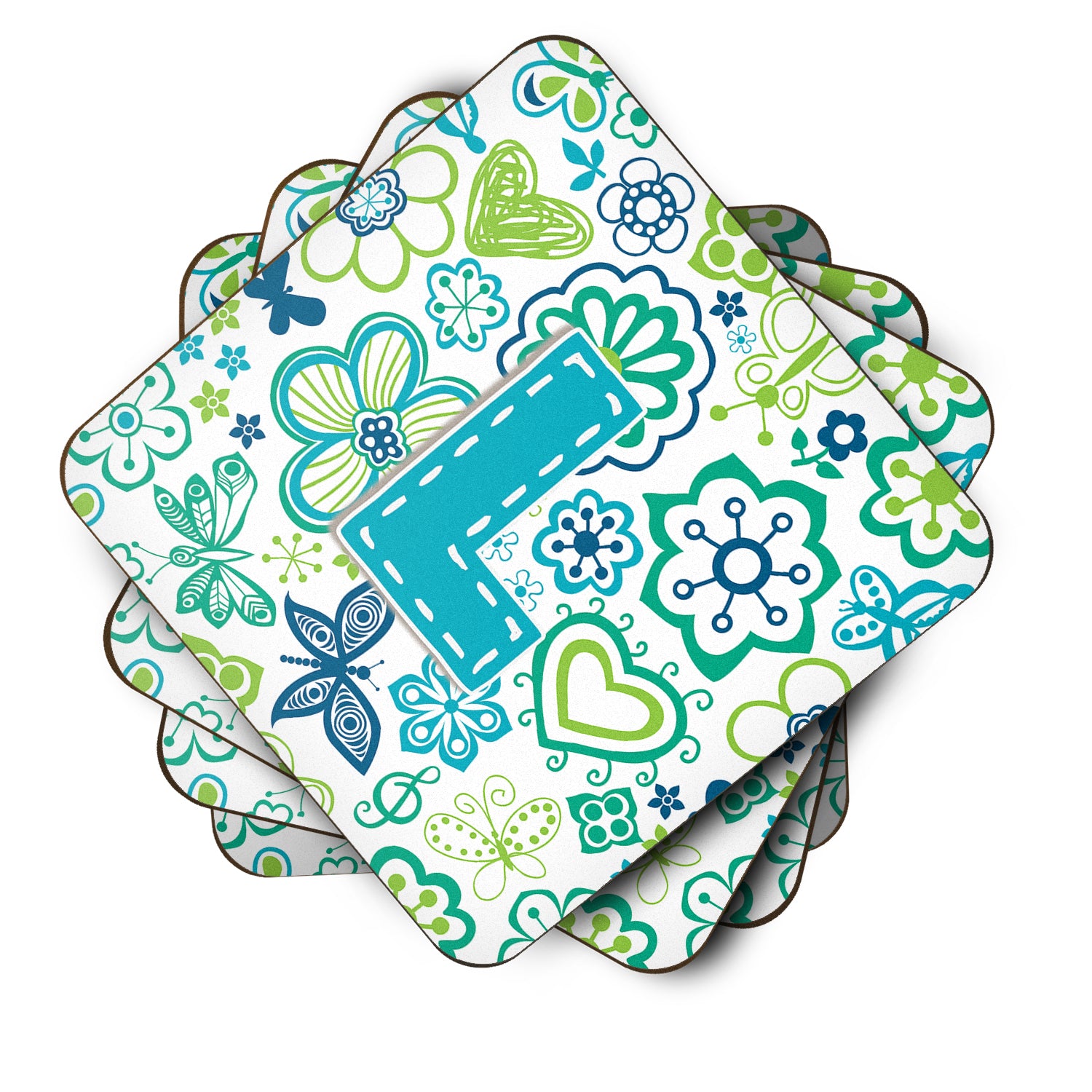 Set of 4 Letter L Flowers and Butterflies Teal Blue Foam Coasters CJ2006-LFC - the-store.com