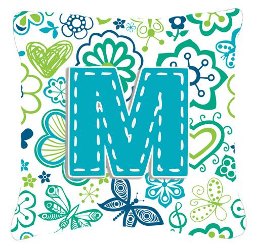 Letter M Flowers and Butterflies Teal Blue Canvas Fabric Decorative Pillow by Caroline&#39;s Treasures