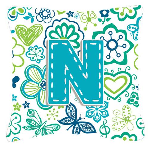 Letter N Flowers and Butterflies Teal Blue Canvas Fabric Decorative Pillow by Caroline&#39;s Treasures
