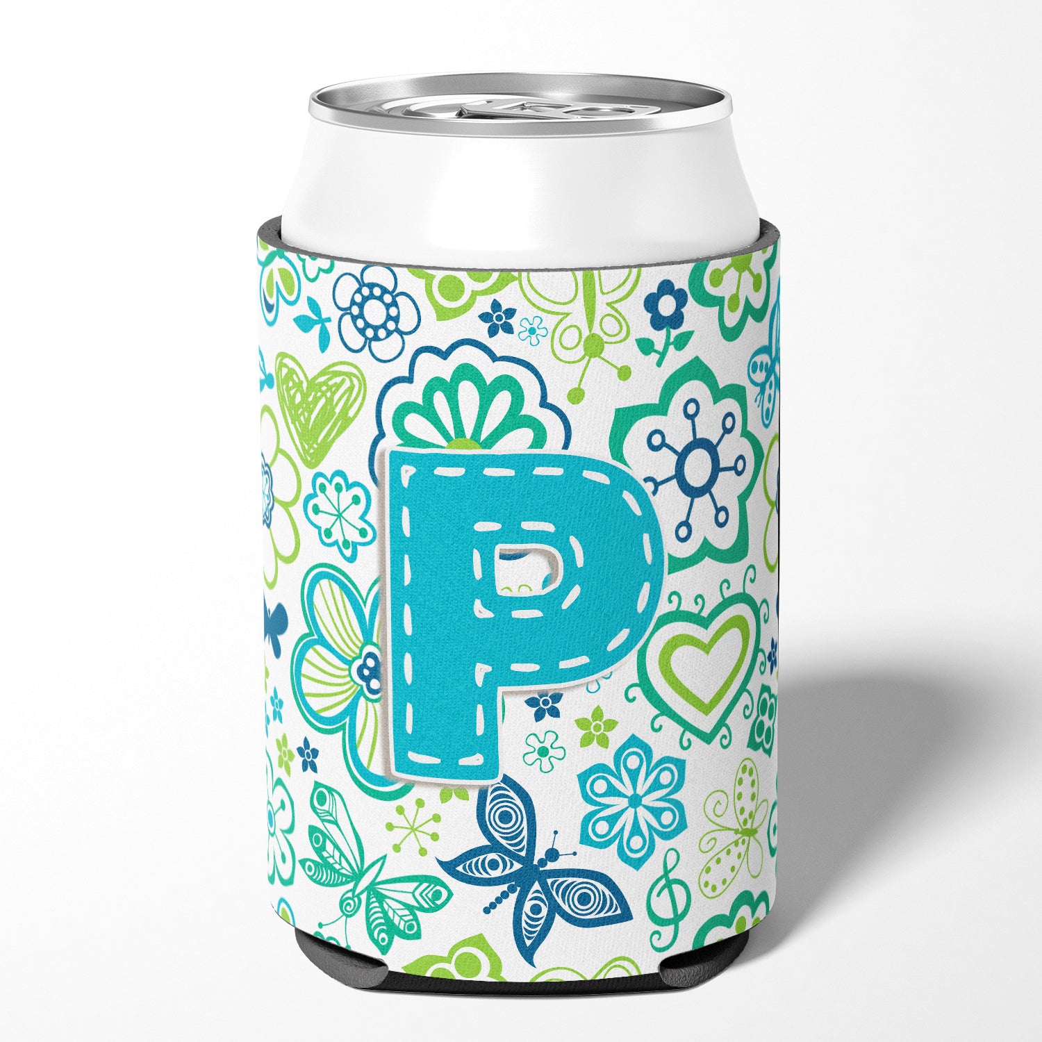 Letter P Flowers and Butterflies Teal Blue Can or Bottle Hugger CJ2006-PCC.