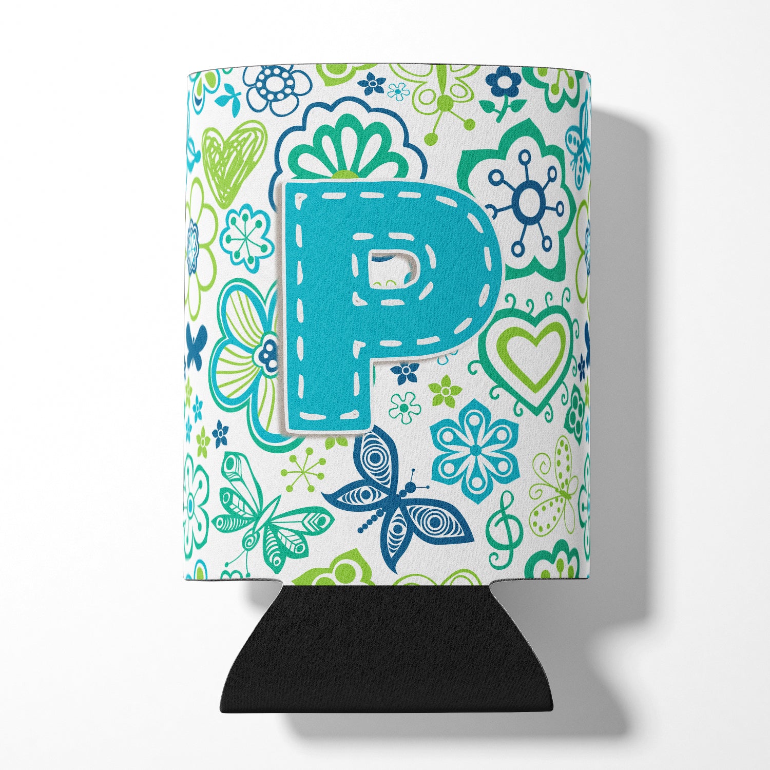 Letter P Flowers and Butterflies Teal Blue Can or Bottle Hugger CJ2006-PCC.