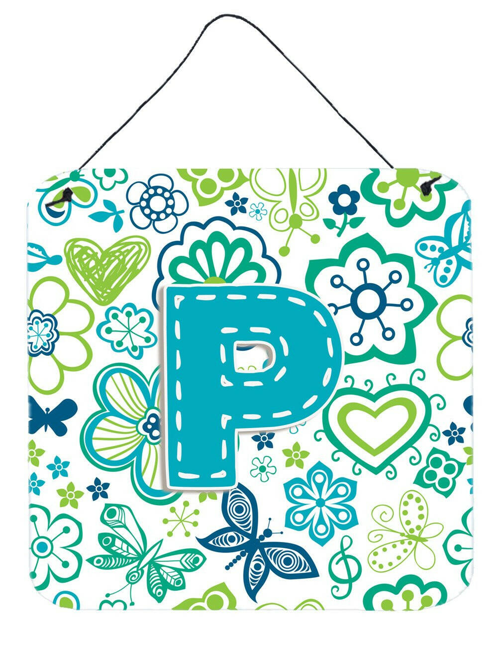 Letter P Flowers and Butterflies Teal Blue Wall or Door Hanging Prints CJ2006-PDS66 by Caroline's Treasures