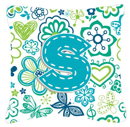 Letter S Flowers and Butterflies Teal Blue Canvas Fabric Decorative Pillow by Caroline&#39;s Treasures