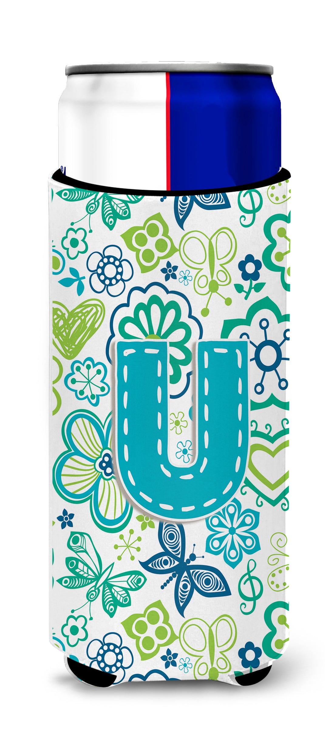 Letter U Flowers and Butterflies Teal Blue Ultra Beverage Insulators for slim cans CJ2006-UMUK.