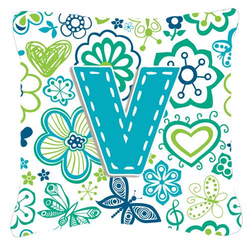 Letter V Flowers and Butterflies Teal Blue Canvas Fabric Decorative Pillow by Caroline&#39;s Treasures