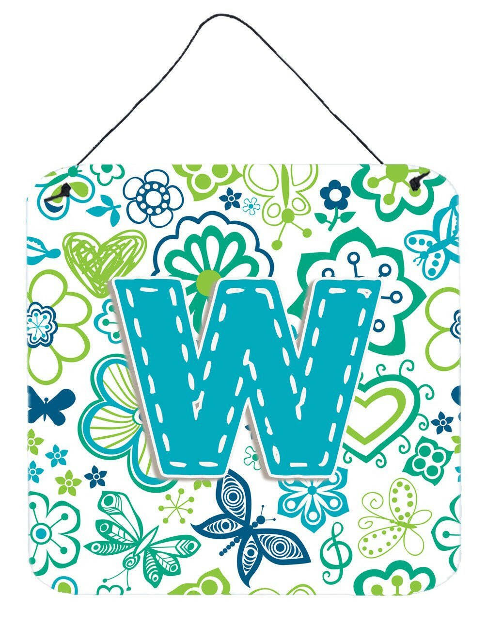 Letter W Flowers and Butterflies Teal Blue Wall or Door Hanging Prints CJ2006-WDS66 by Caroline's Treasures