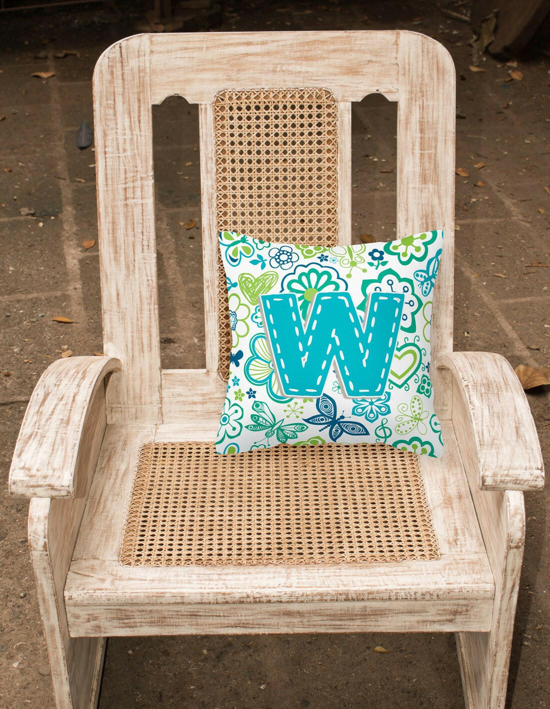 Letter W Flowers and Butterflies Teal Blue Canvas Fabric Decorative Pillow CJ2006-WPW1414 by Caroline's Treasures