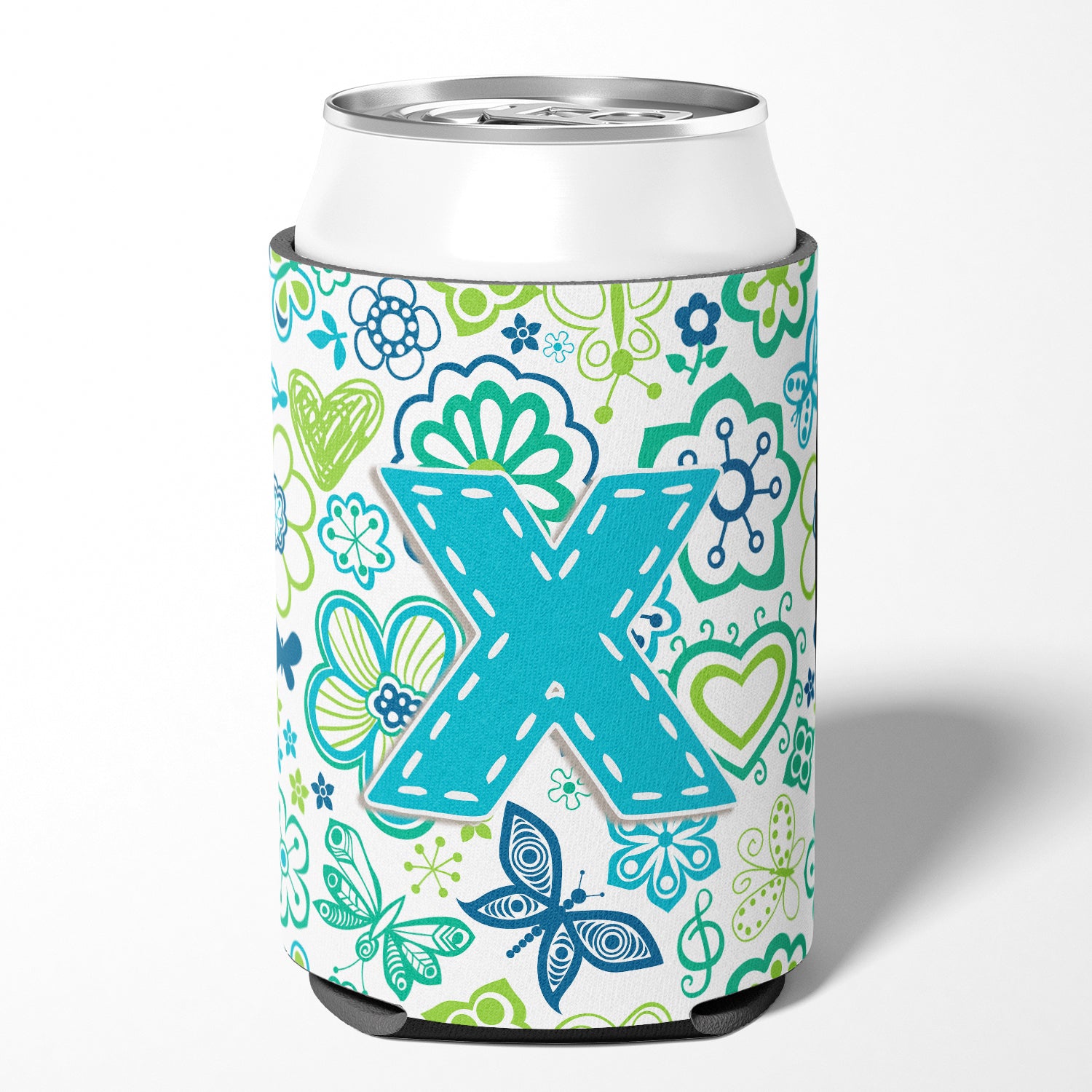 Letter X Flowers and Butterflies Teal Blue Can or Bottle Hugger CJ2006-XCC.