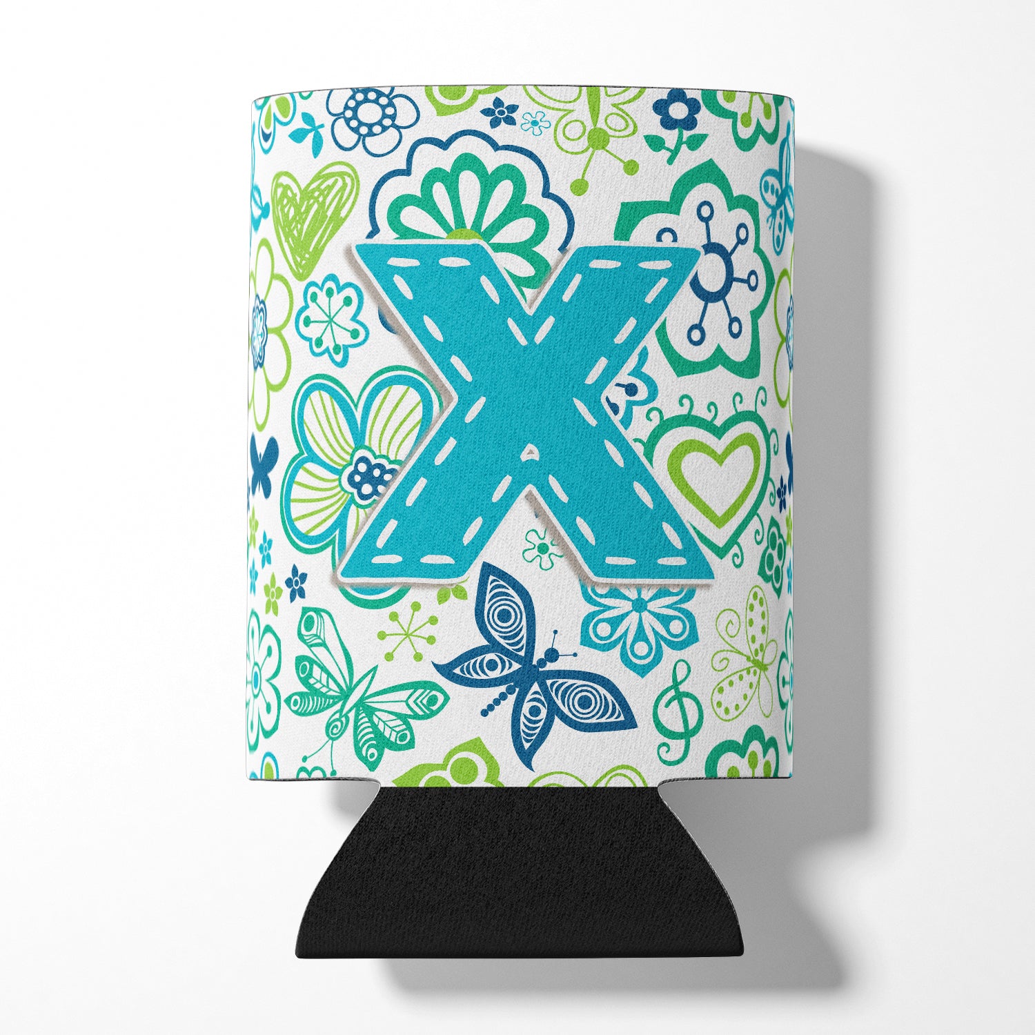 Letter X Flowers and Butterflies Teal Blue Can or Bottle Hugger CJ2006-XCC.