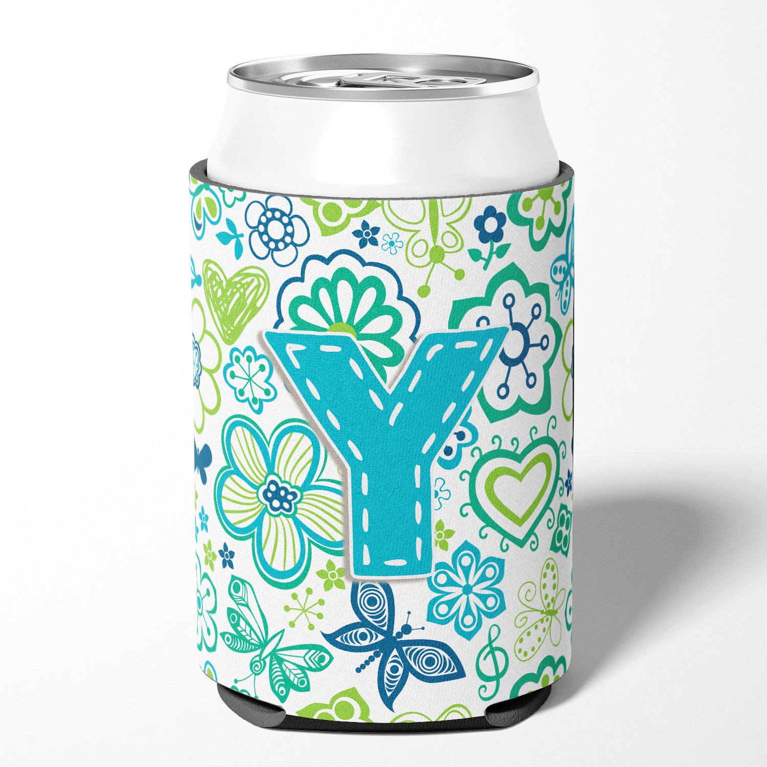 Letter Y Flowers and Butterflies Teal Blue Can or Bottle Hugger CJ2006-YCC.