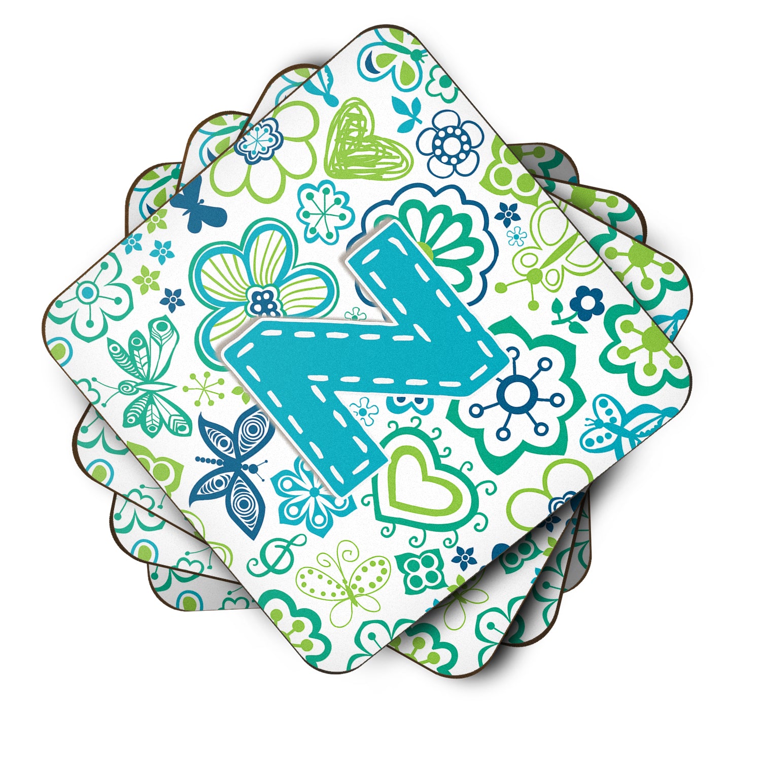 Set of 4 Letter Z Flowers and Butterflies Teal Blue Foam Coasters CJ2006-ZFC - the-store.com