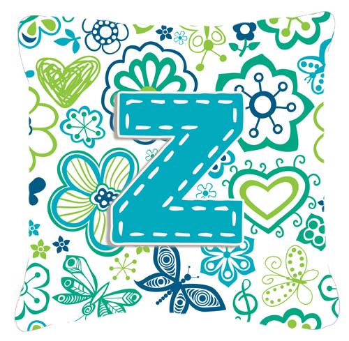 Letter Z Flowers and Butterflies Teal Blue Canvas Fabric Decorative Pillow by Caroline's Treasures