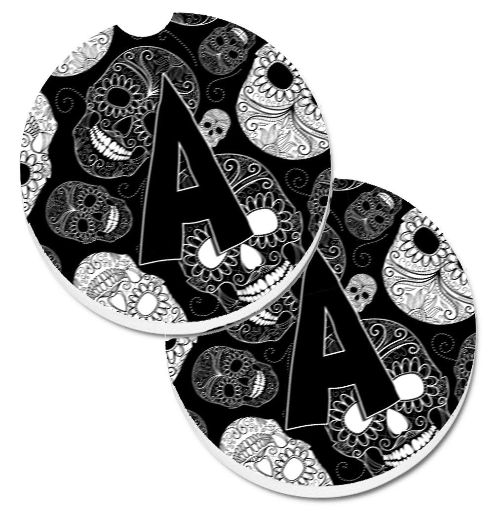 Letter A Day of the Dead Skulls Black Set of 2 Cup Holder Car Coasters CJ2008-ACARC by Caroline&#39;s Treasures