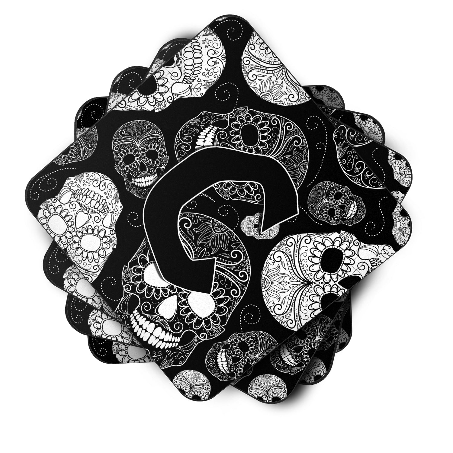 Set of 4 Letter C Day of the Dead Skulls Black Foam Coasters CJ2008-CFC - the-store.com