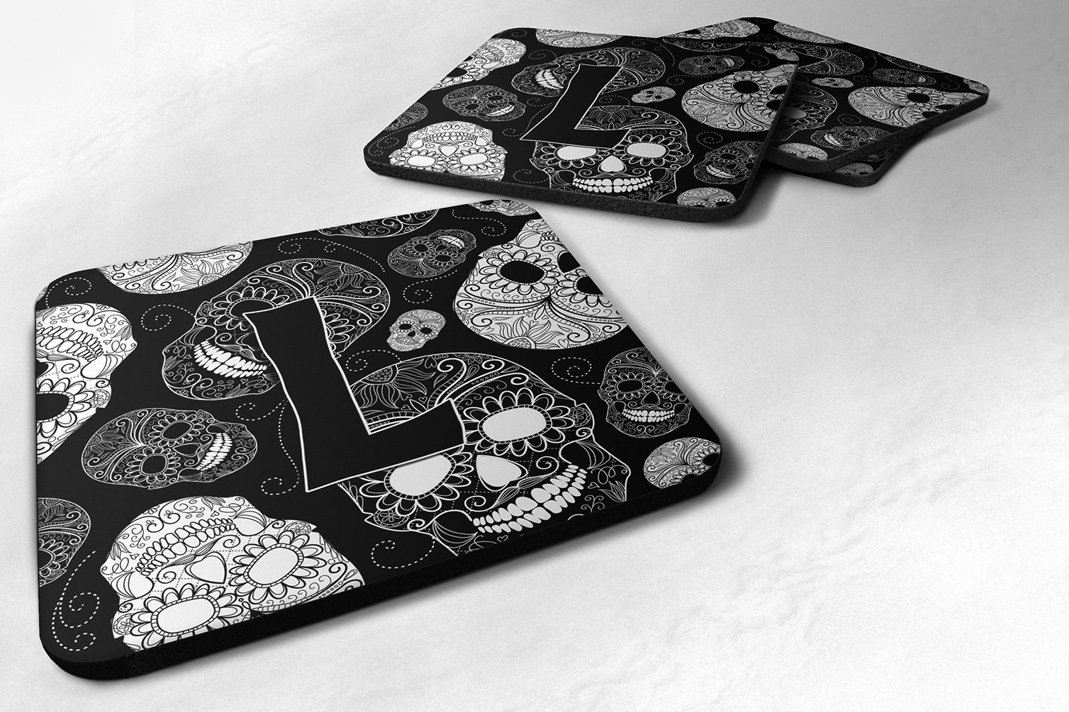 Set of 4 Letter L Day of the Dead Skulls Black Foam Coasters CJ2008-LFC - the-store.com