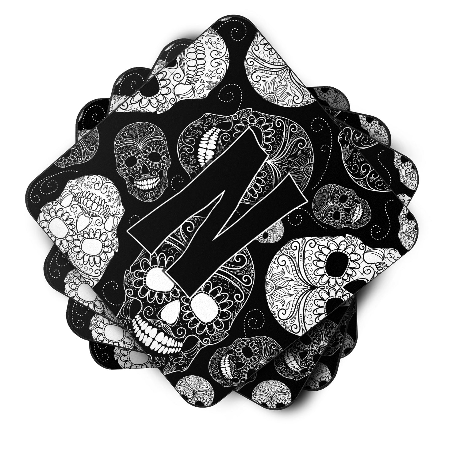 Set of 4 Letter N Day of the Dead Skulls Black Foam Coasters CJ2008-NFC - the-store.com