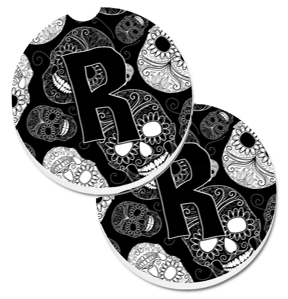 Letter R Day of the Dead Skulls Black Set of 2 Cup Holder Car Coasters CJ2008-RCARC by Caroline&#39;s Treasures