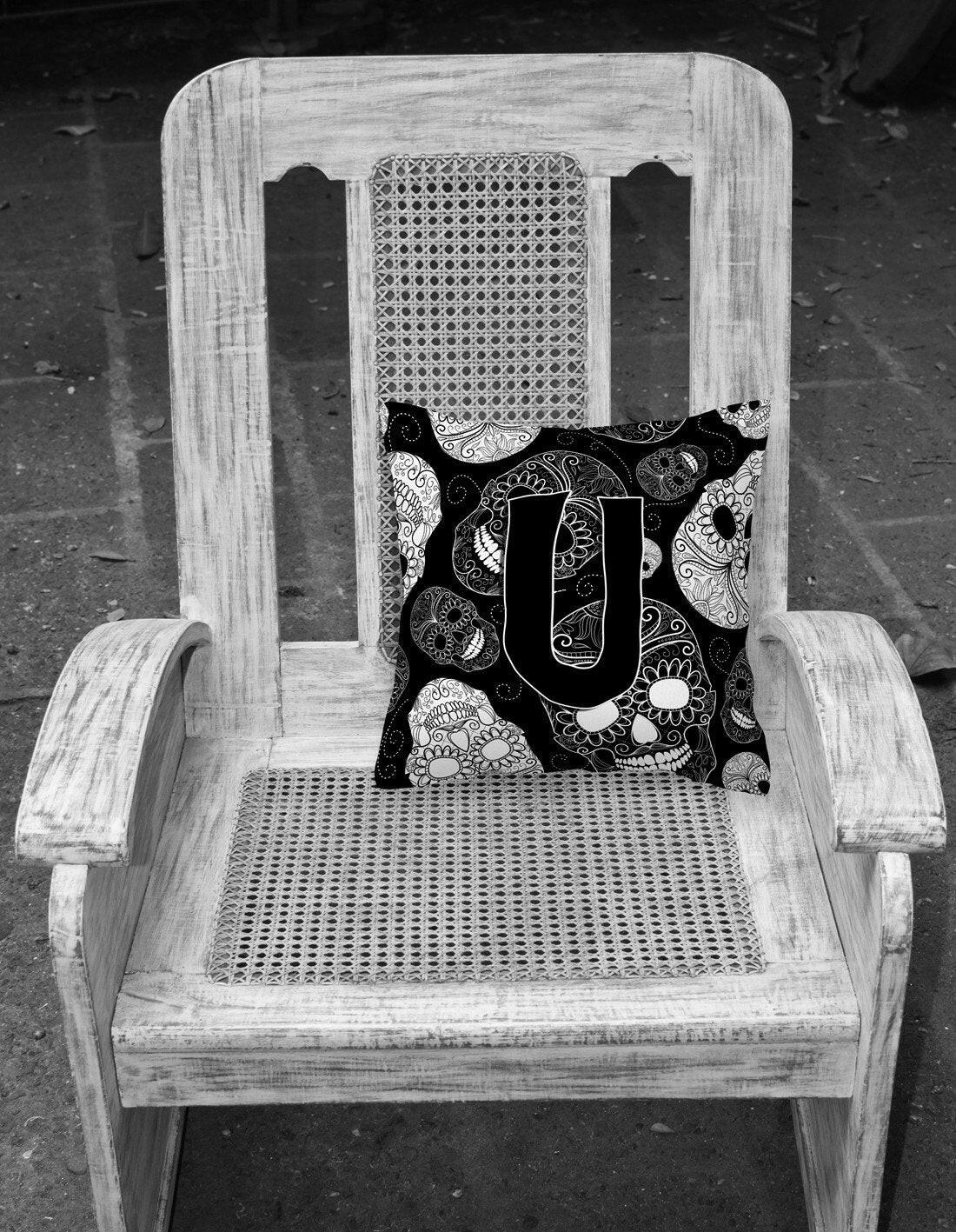 Letter U Day of the Dead Skulls Black Canvas Fabric Decorative Pillow CJ2008-UPW1414 by Caroline's Treasures