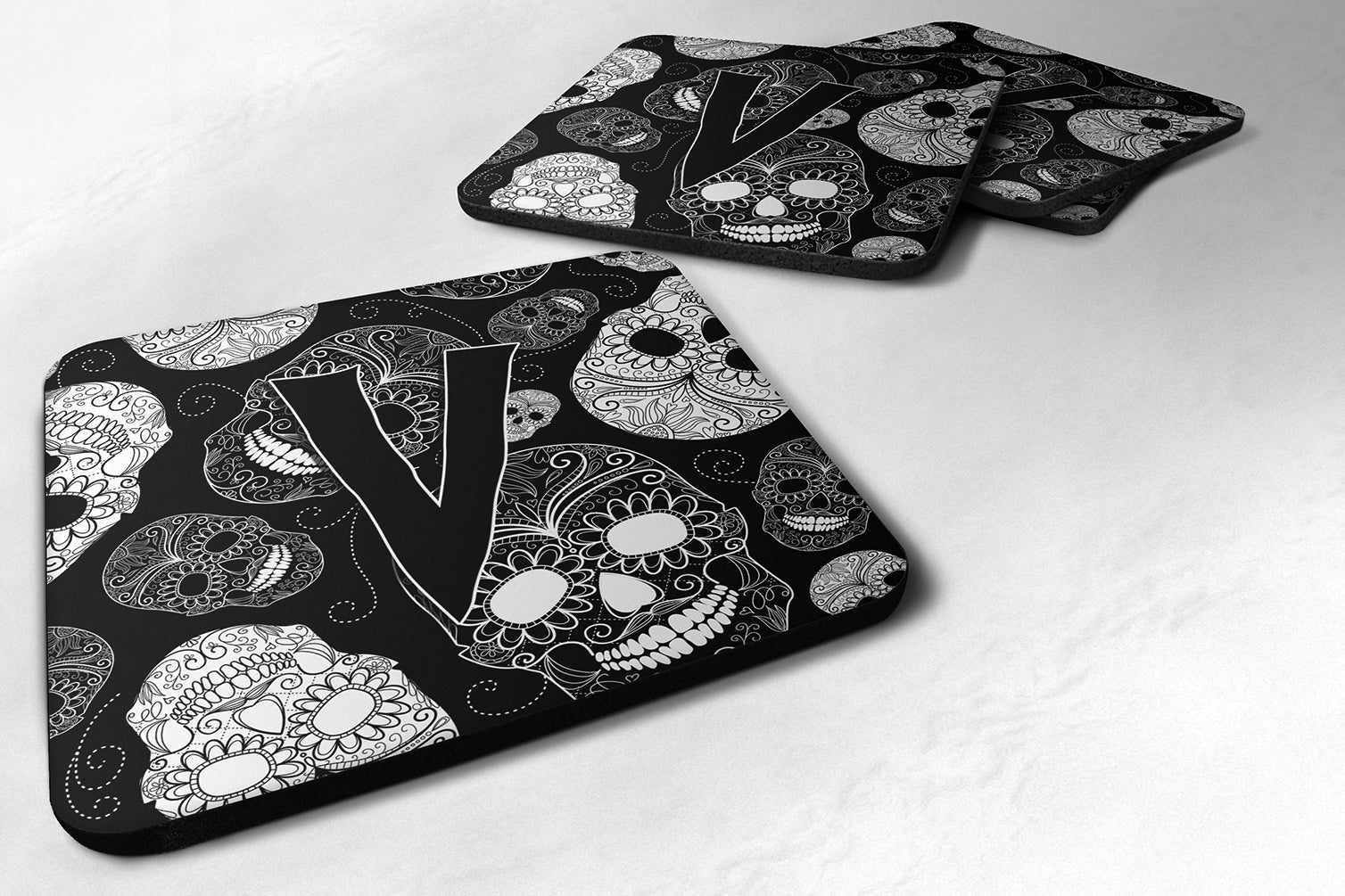 Set of 4 Letter V Day of the Dead Skulls Black Foam Coasters CJ2008-VFC - the-store.com