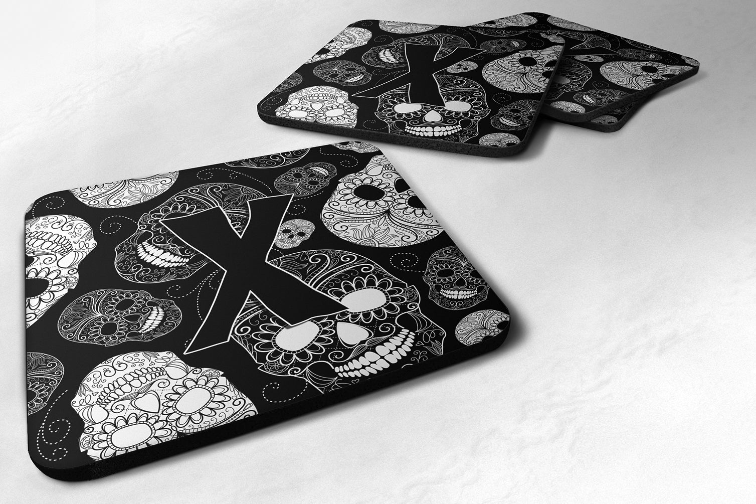 Set of 4 Letter X Day of the Dead Skulls Black Foam Coasters CJ2008-XFC - the-store.com