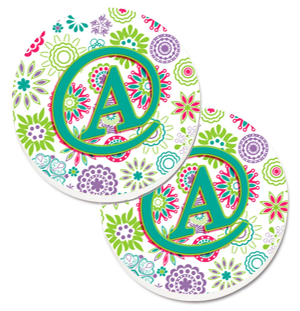 Letter A Flowers Pink Teal Green Initial Set of 2 Cup Holder Car Coasters CJ2011-ACARC by Caroline&#39;s Treasures