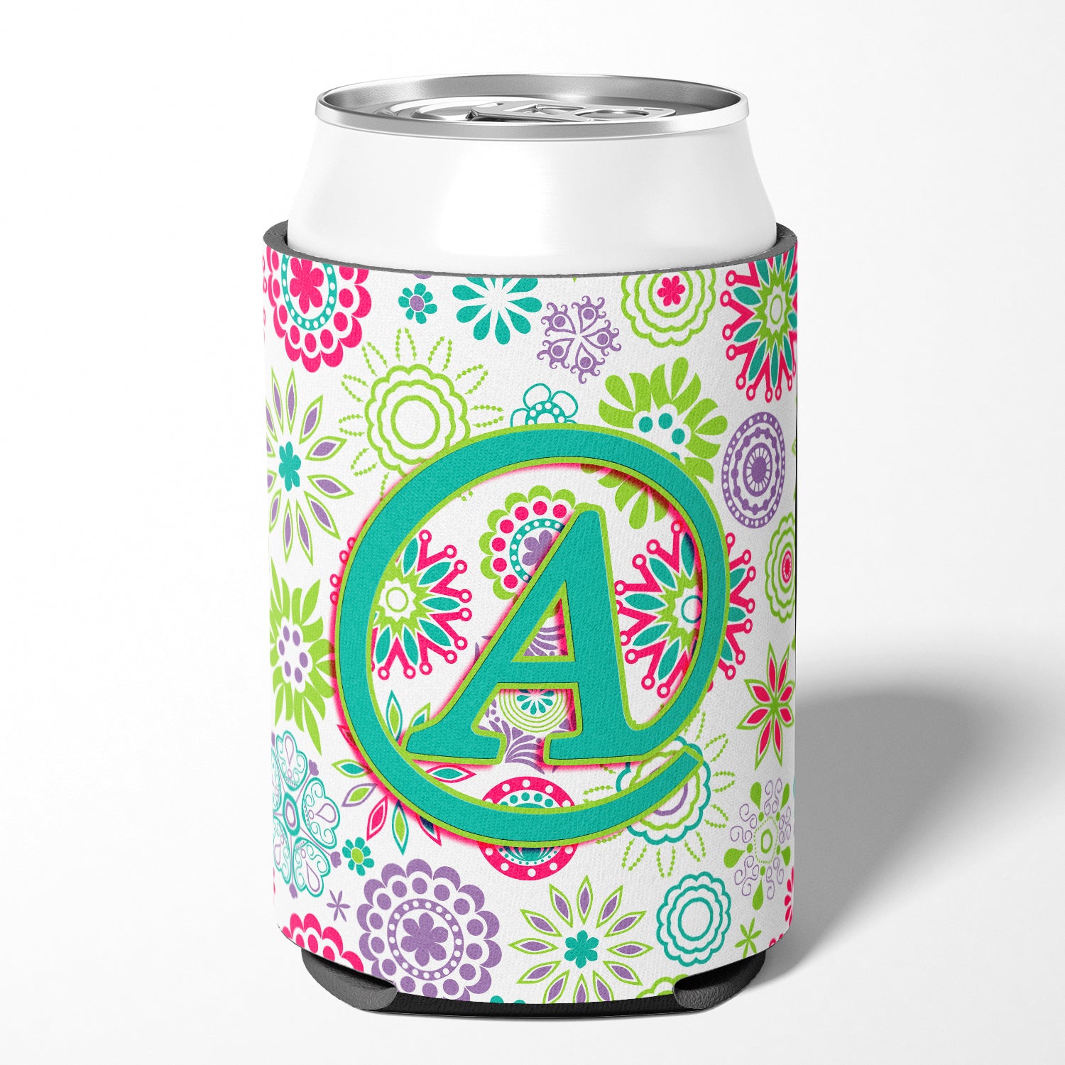 Letter A Flowers Pink Teal Green Initial Can or Bottle Hugger CJ2011-ACC.