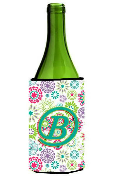 Letter B Flowers Pink Teal Green Initial Wine Bottle Beverage Insulator Hugger CJ2011-BLITERK by Caroline's Treasures