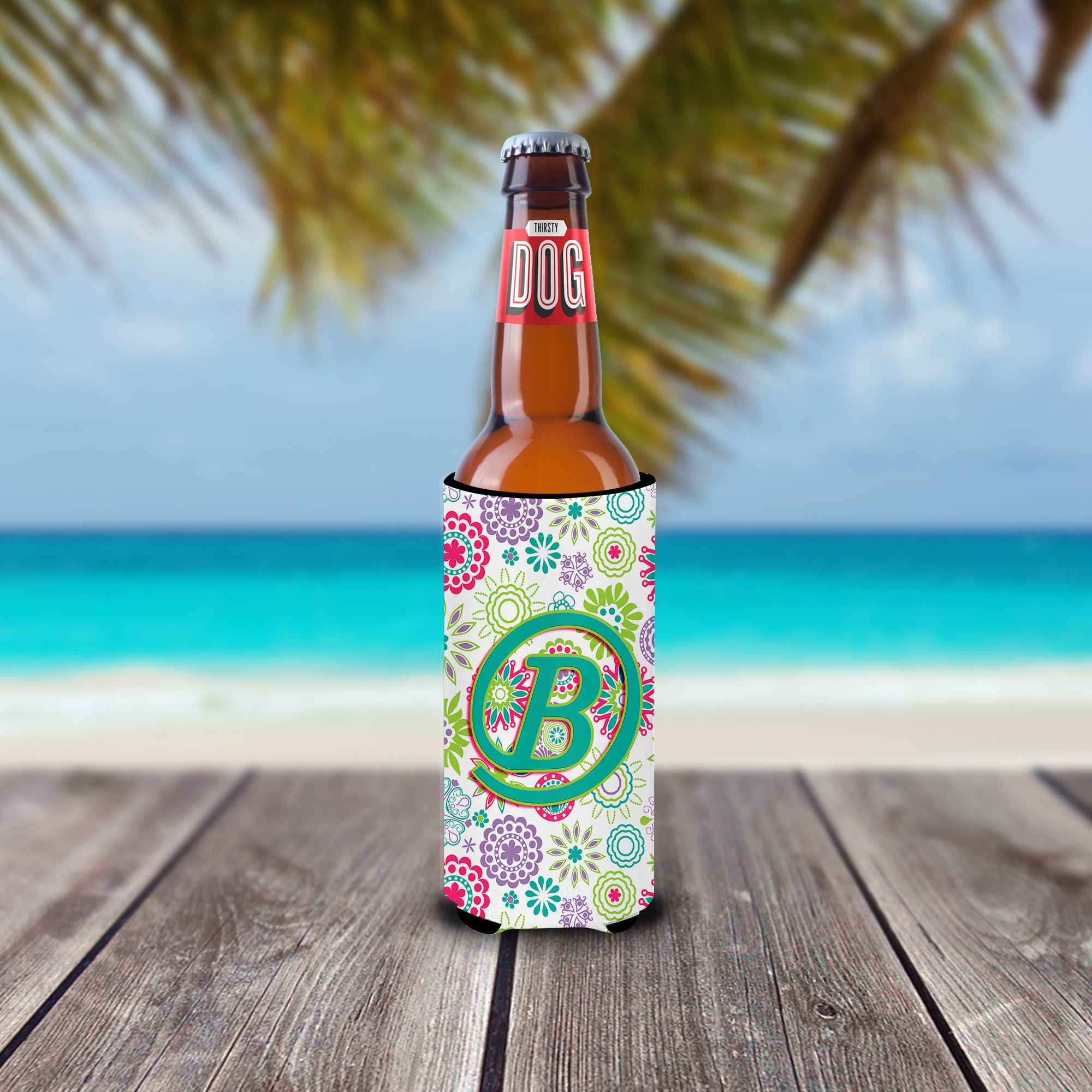 Letter B Flowers Pink Teal Green Initial Ultra Beverage Insulators for slim cans CJ2011-BMUK