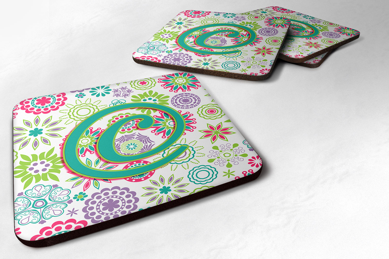Set of 4 Letter C Flowers Pink Teal Green Initial Foam Coasters CJ2011-CFC - the-store.com