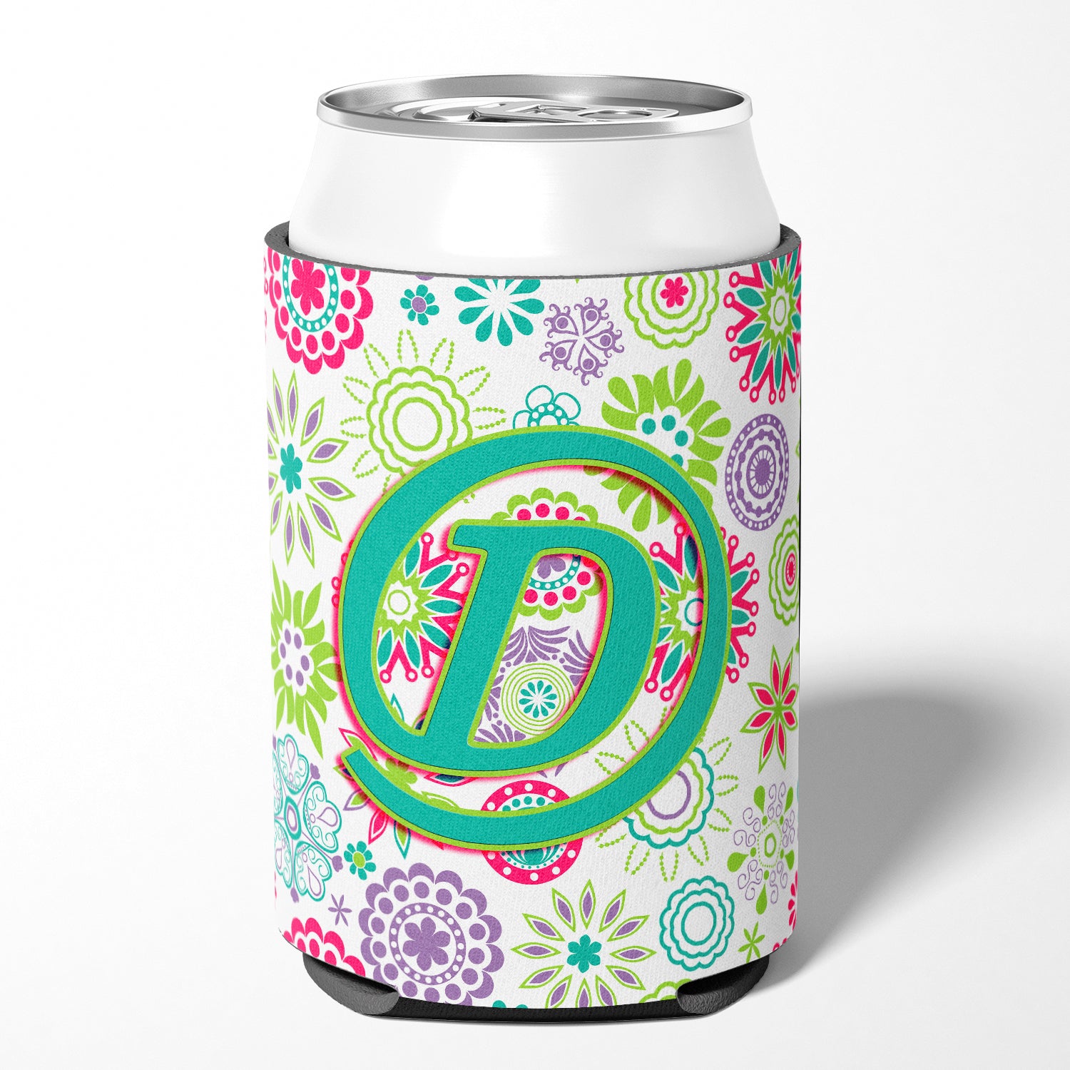 Letter D Flowers Pink Teal Green Initial Can or Bottle Hugger CJ2011-DCC.